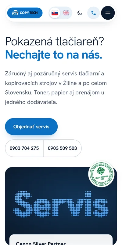 The copytech.sk website on mobile
