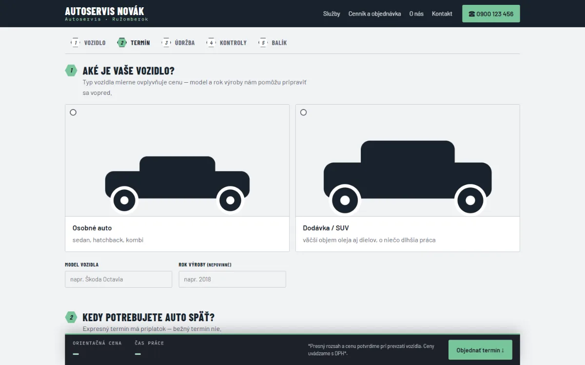 Garage configurator demo: choosing a vehicle, date and services in five steps