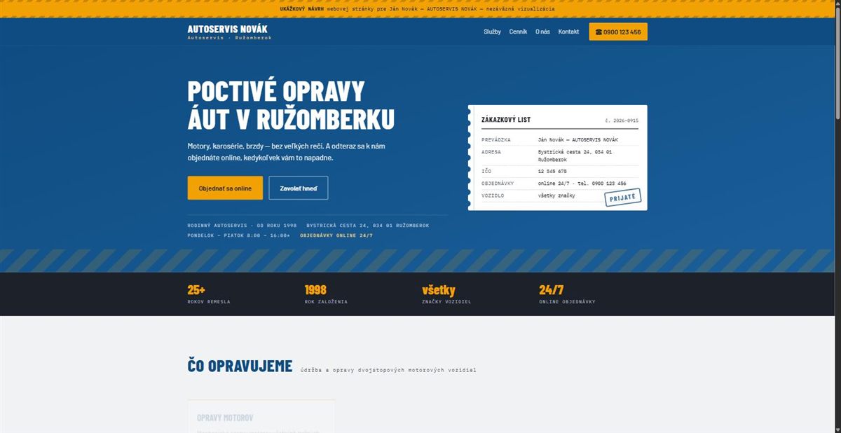 Ukážka webu pre autoservis: hlavička s telefónom, služby, cenník a tlačidlo na objednanie termínu
